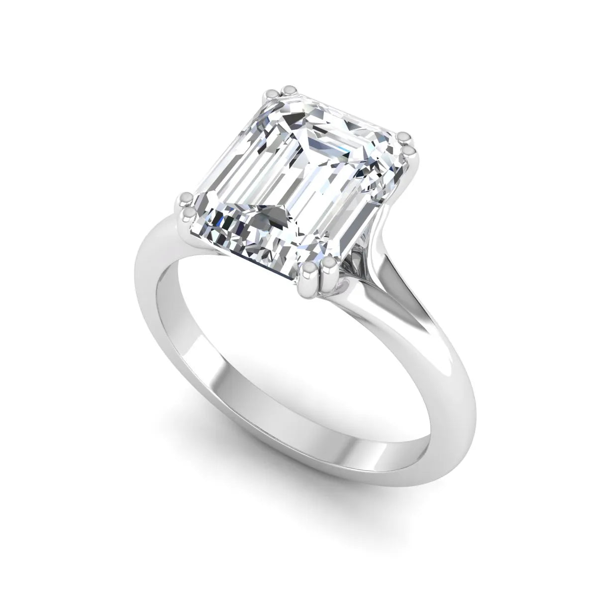 Emerald Cut Lab Grown Diamond Solitaire Engagement Ring featuring an IGI certified emerald cut center diamond in a four-prong setting with a white gold tone band.