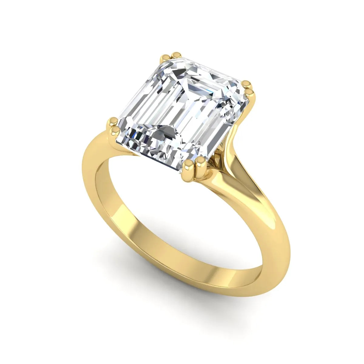Emerald Cut Lab Grown Diamond Solitaire Engagement Ring featuring an IGI certified emerald cut center diamond in a four-prong setting with a yellow gold tone band.