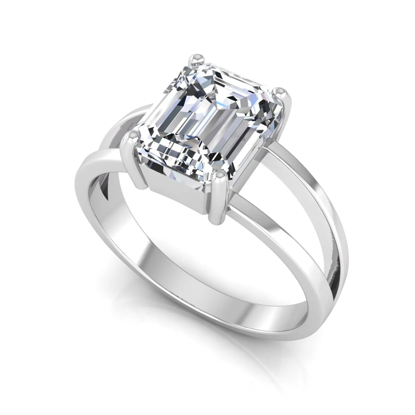 Emerald cut lab grown diamond split shank engagement ring featuring a classic four-prong setting and polished white gold style band.