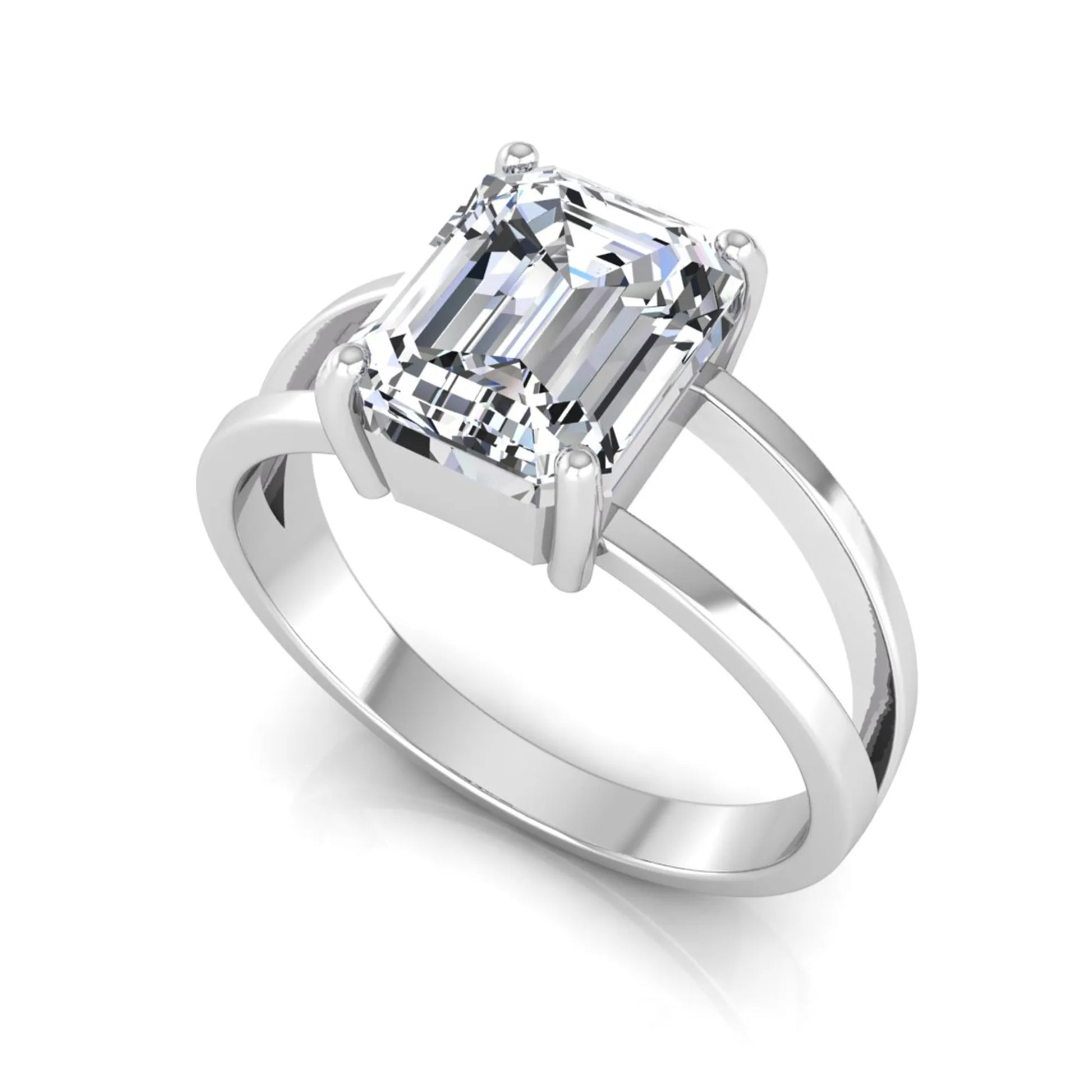Emerald cut lab grown diamond split shank engagement ring featuring a classic four-prong setting and polished white gold style band.