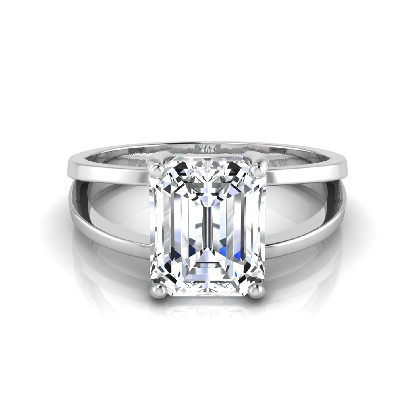 Emerald cut lab grown diamond split shank engagement ring featuring a classic four-prong setting and polished white gold style band.