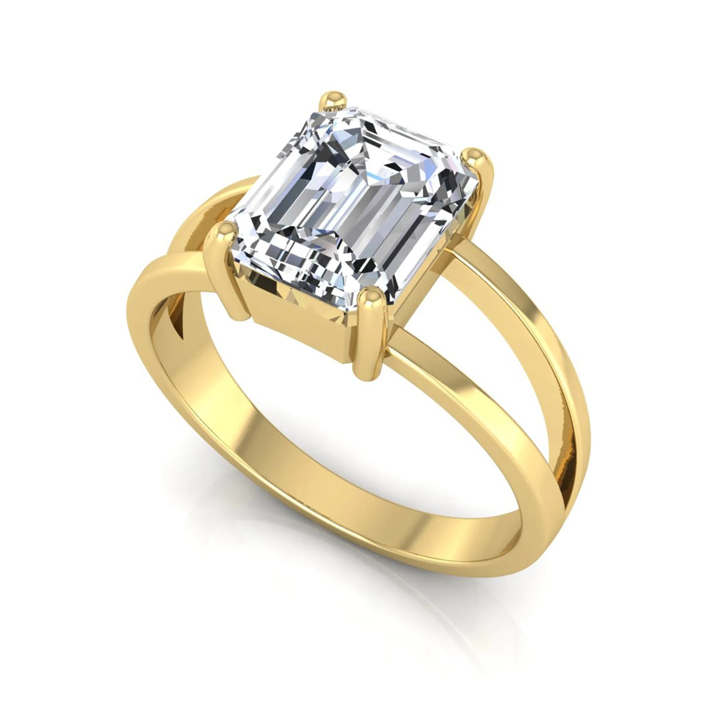 Emerald cut lab grown diamond split shank engagement ring featuring a classic four-prong setting and polished yellow gold style band.