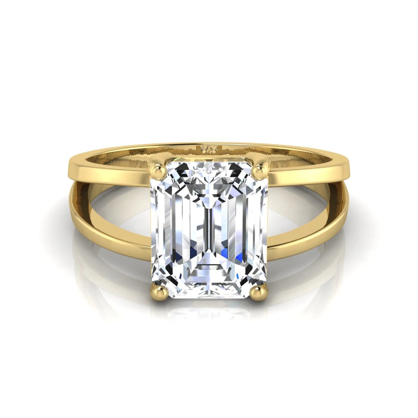 Emerald cut lab grown diamond split shank engagement ring featuring a classic four-prong setting and polished yellow gold style band.