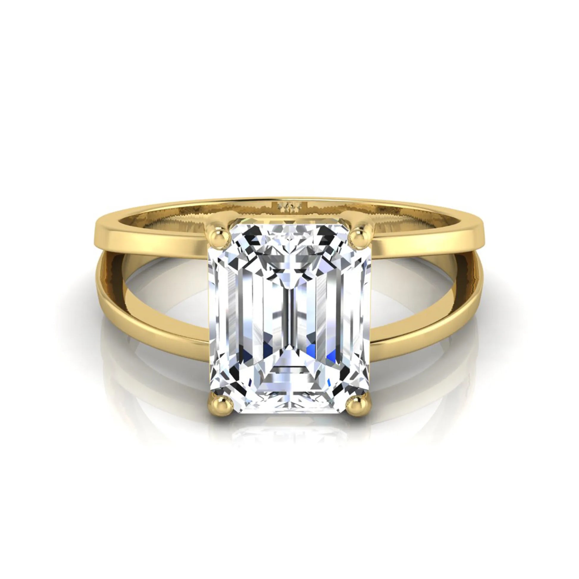 Emerald cut lab grown diamond split shank engagement ring featuring a classic four-prong setting and polished yellow gold style band.