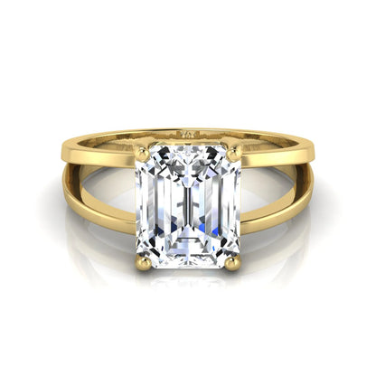 Emerald cut lab grown diamond split shank engagement ring featuring a classic four-prong setting and polished yellow gold style band.