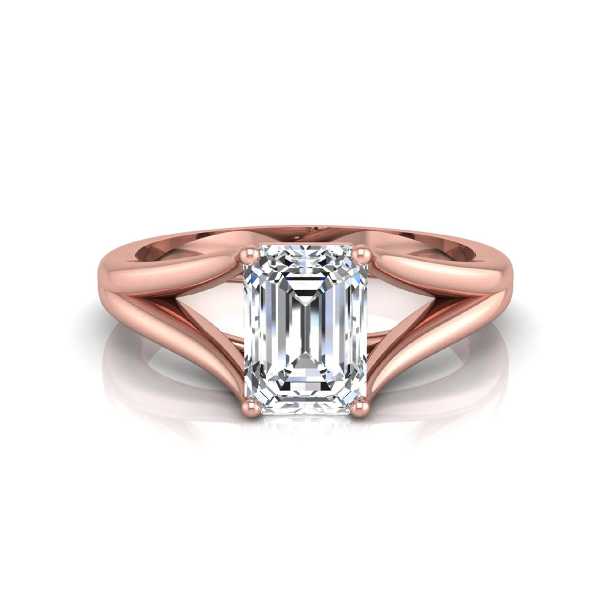Emerald Cut Split Shank Solitaire Lab Grown Diamond Engagement Ring featuring a 1.75 carat IGI Certified emerald cut diamond in a four-prong setting with an elegant split shank band in rose gold