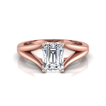 Emerald Cut Split Shank Solitaire Lab Grown Diamond Engagement Ring featuring a 1.75 carat IGI Certified emerald cut diamond in a four-prong setting with an elegant split shank band in rose gold