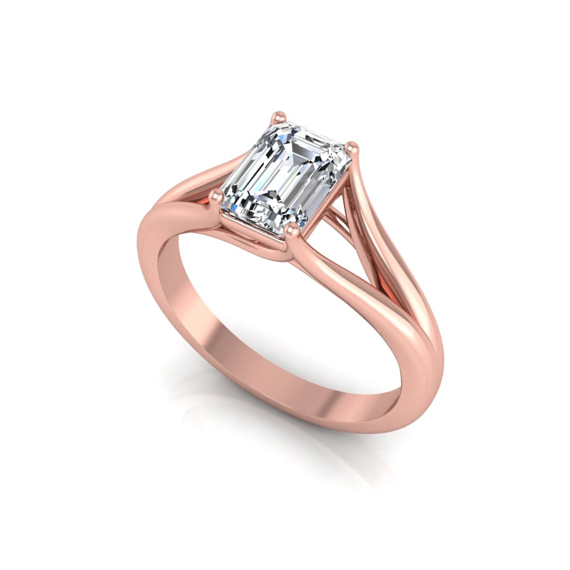 Emerald Cut Split Shank Solitaire Lab Grown Diamond Engagement Ring featuring a 1.75 carat IGI Certified emerald cut diamond in a four-prong setting with an elegant split shank band in rose gold