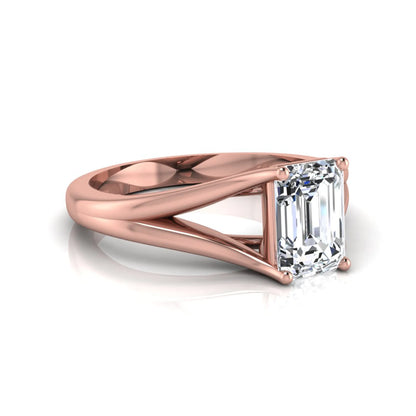 Emerald Cut Split Shank Solitaire Lab Grown Diamond Engagement Ring featuring a 1.75 carat IGI Certified emerald cut diamond in a four-prong setting with an elegant split shank band in rose gold