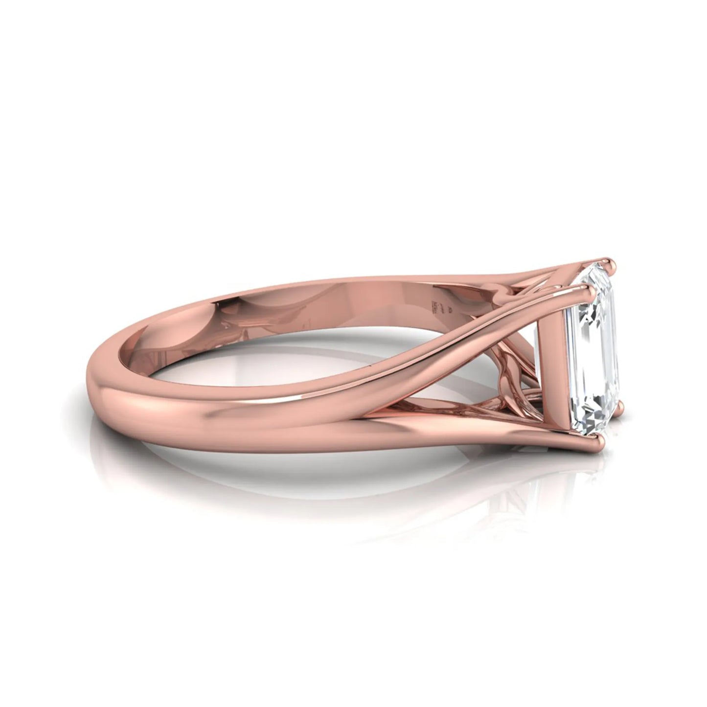 Emerald Cut Split Shank Solitaire Lab Grown Diamond Engagement Ring featuring a 1.75 carat IGI Certified emerald cut diamond in a four-prong setting with an elegant split shank band in rose gold