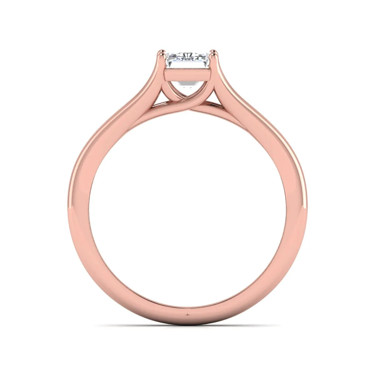 Emerald Cut Split Shank Solitaire Lab Grown Diamond Engagement Ring featuring a 1.75 carat IGI Certified emerald cut diamond in a four-prong setting with an elegant split shank band in rose gold