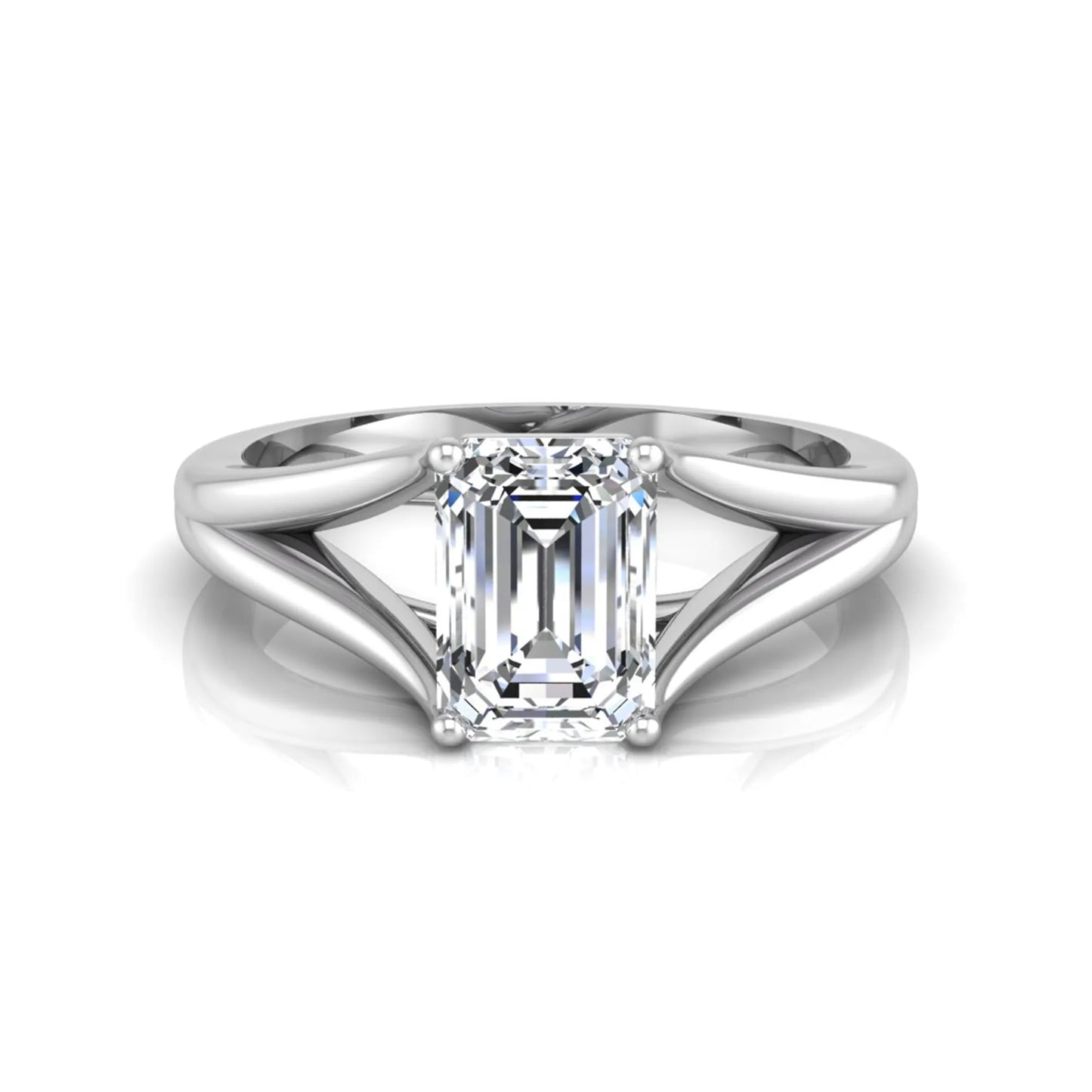 Emerald Cut Split Shank Solitaire Lab Grown Diamond Engagement Ring featuring a 1.75 carat IGI Certified emerald cut diamond in a four-prong setting with an elegant split shank band in white gold