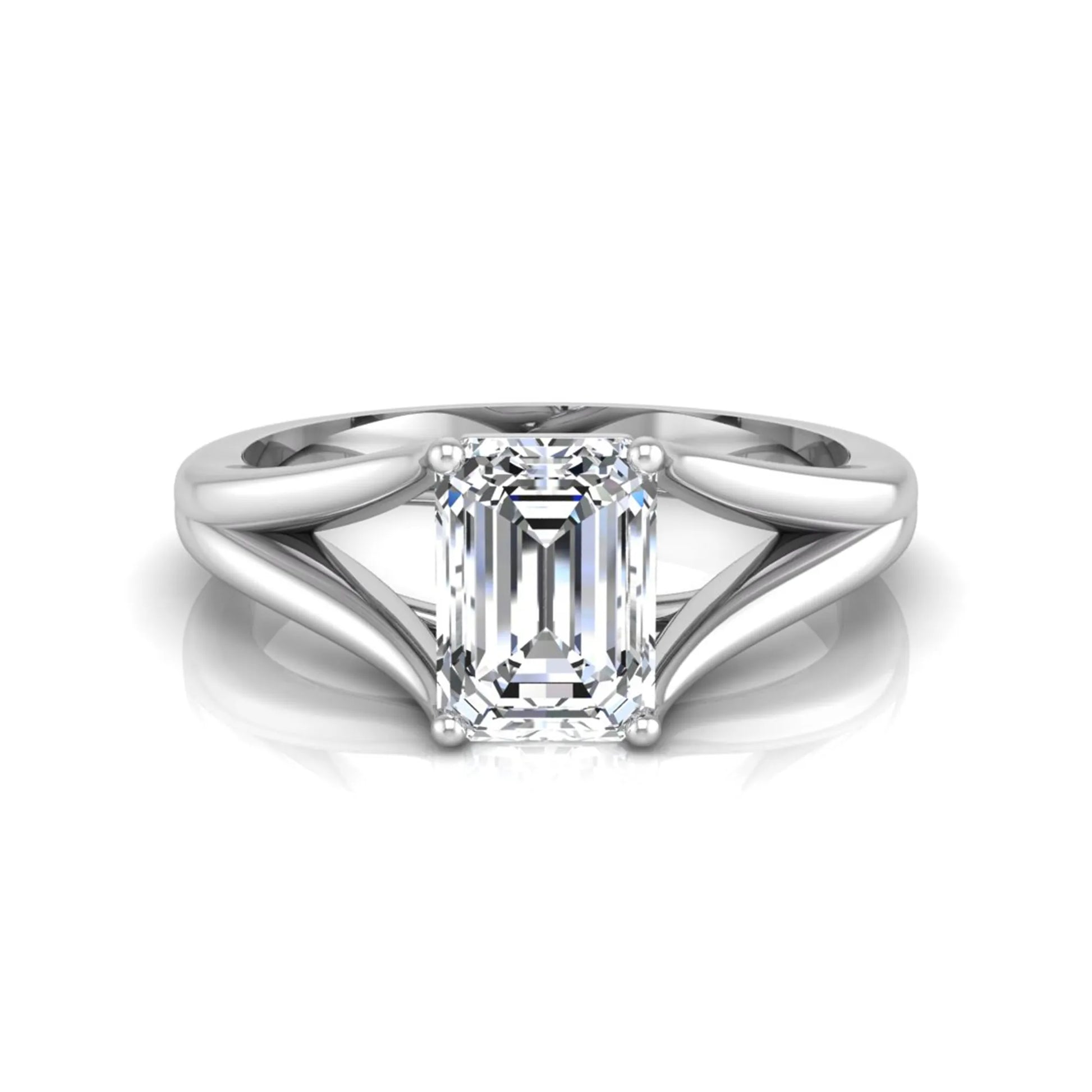 Emerald Cut Split Shank Solitaire Lab Grown Diamond Engagement Ring featuring a 1.75 carat IGI Certified emerald cut diamond in a four-prong setting with an elegant split shank band in white gold