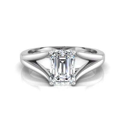 Emerald Cut Split Shank Solitaire Lab Grown Diamond Engagement Ring featuring a 1.75 carat IGI Certified emerald cut diamond in a four-prong setting with an elegant split shank band in white gold