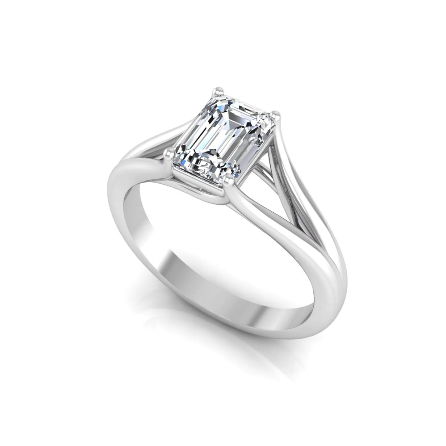 Emerald Cut Split Shank Solitaire Lab Grown Diamond Engagement Ring featuring a 1.75 carat IGI Certified emerald cut diamond in a four-prong setting with an elegant split shank band in white gold