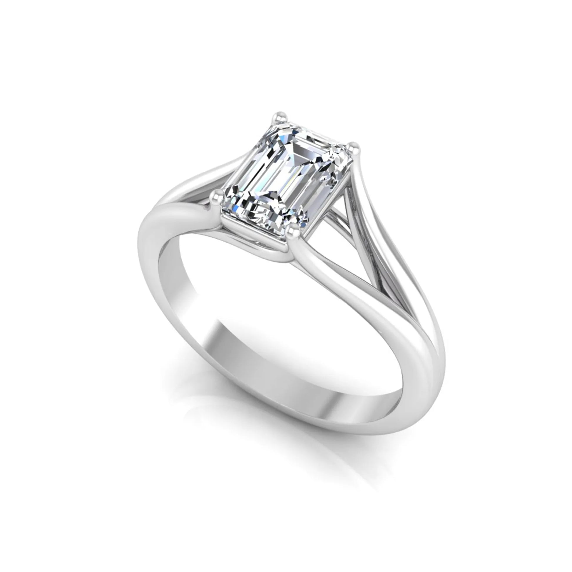 Emerald Cut Split Shank Solitaire Lab Grown Diamond Engagement Ring featuring a 1.75 carat IGI Certified emerald cut diamond in a four-prong setting with an elegant split shank band in white gold