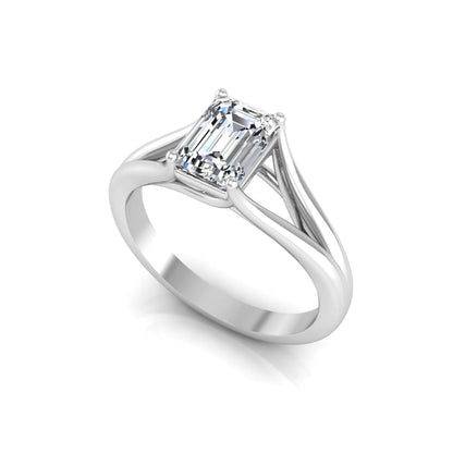 Emerald Cut Split Shank Solitaire Lab Grown Diamond Engagement Ring featuring a 1.75 carat IGI Certified emerald cut diamond in a four-prong setting with an elegant split shank band in white gold