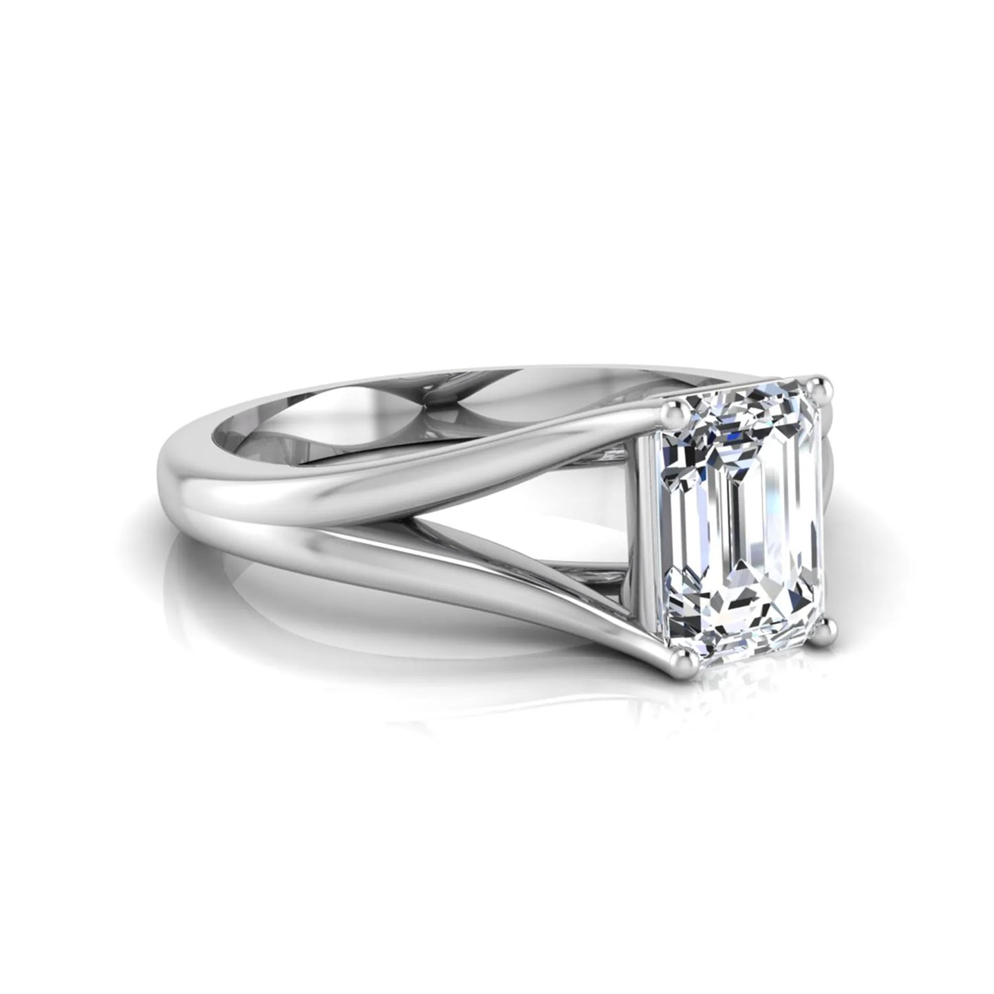 Emerald Cut Split Shank Solitaire Lab Grown Diamond Engagement Ring featuring a 1.75 carat IGI Certified emerald cut diamond in a four-prong setting with an elegant split shank band in white gold