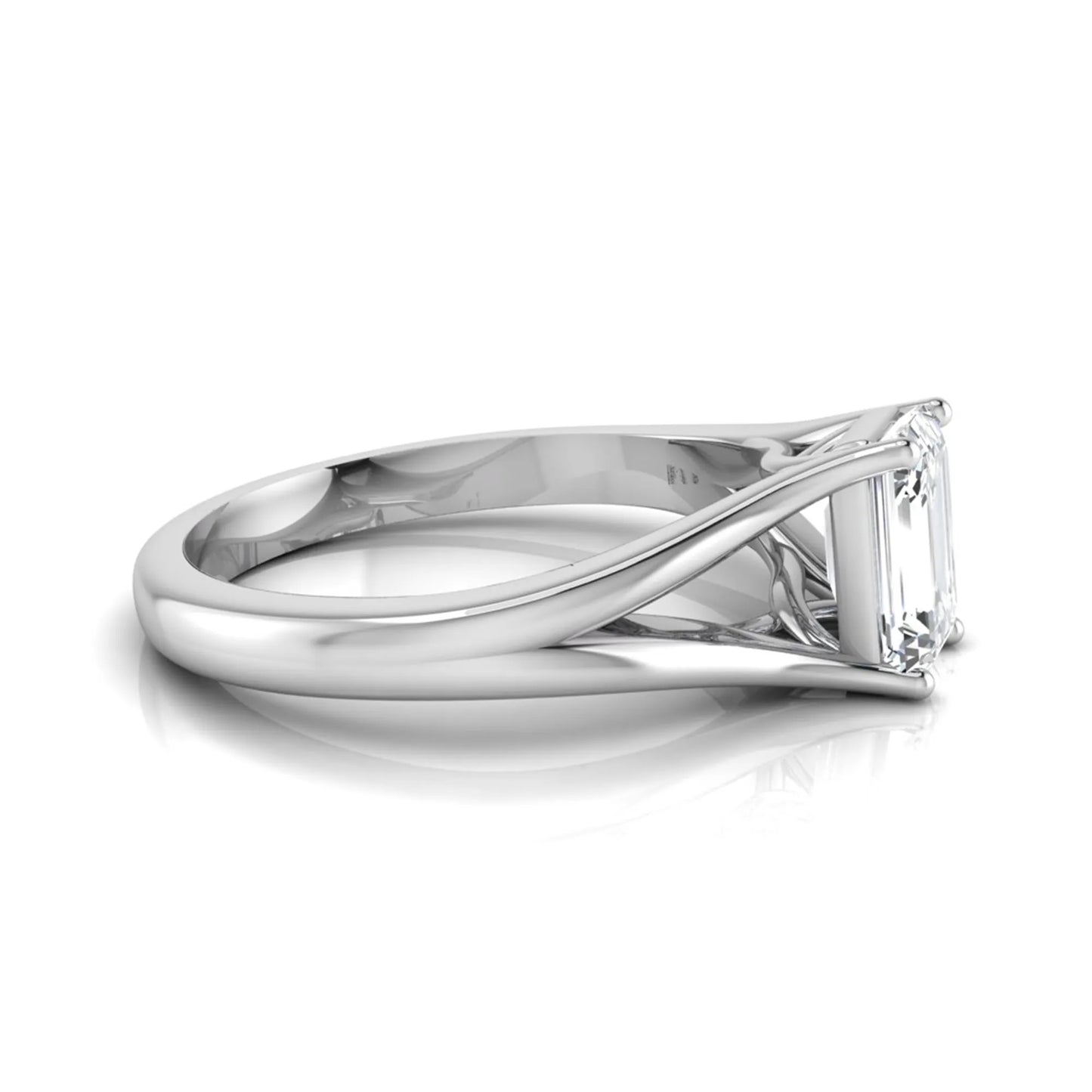 Emerald Cut Split Shank Solitaire Lab Grown Diamond Engagement Ring featuring a 1.75 carat IGI Certified emerald cut diamond in a four-prong setting with an elegant split shank band in white gold