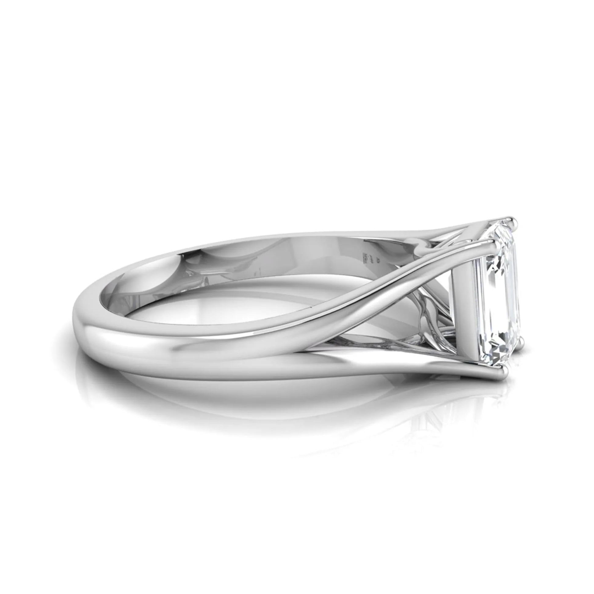 Emerald Cut Split Shank Solitaire Lab Grown Diamond Engagement Ring featuring a 1.75 carat IGI Certified emerald cut diamond in a four-prong setting with an elegant split shank band in white gold
