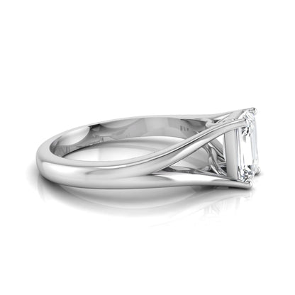 Emerald Cut Split Shank Solitaire Lab Grown Diamond Engagement Ring featuring a 1.75 carat IGI Certified emerald cut diamond in a four-prong setting with an elegant split shank band in white gold