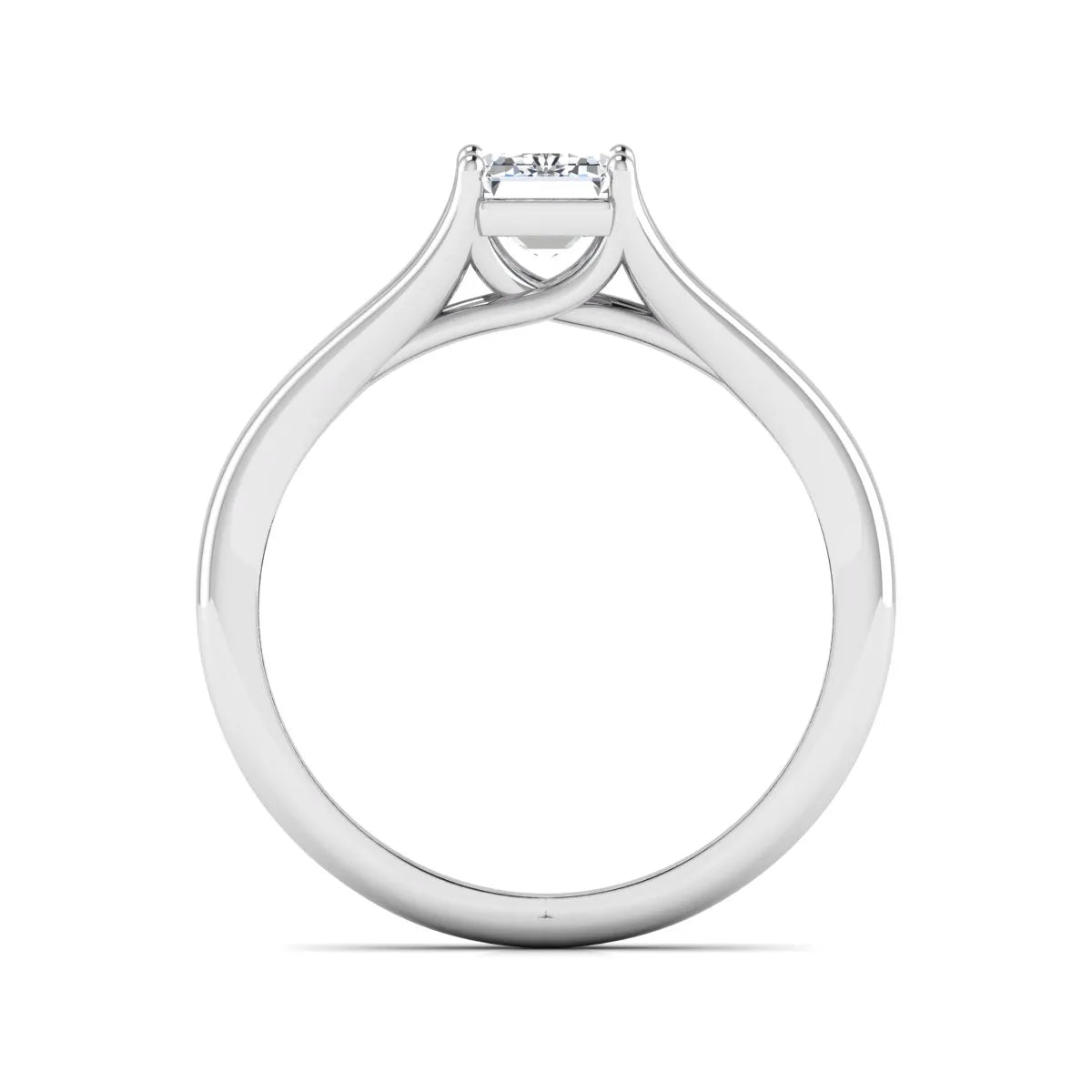 Emerald Cut Split Shank Solitaire Lab Grown Diamond Engagement Ring featuring a 1.75 carat IGI Certified emerald cut diamond in a four-prong setting with an elegant split shank band in white gold
