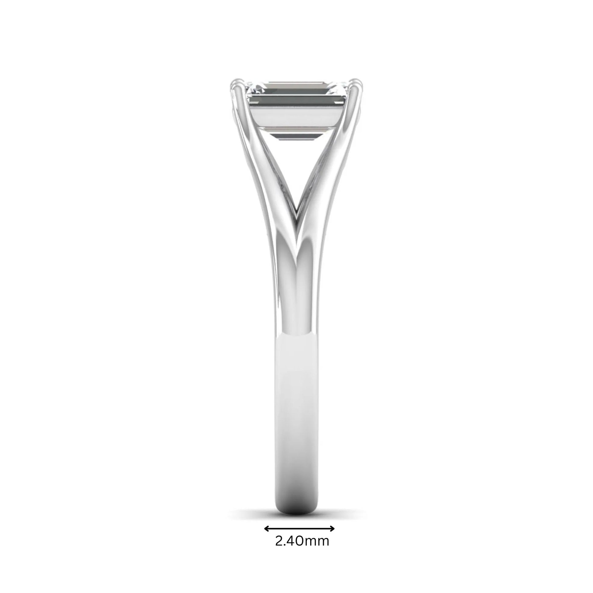 Emerald Cut Split Shank Solitaire Lab Grown Diamond Engagement Ring featuring a 1.75 carat IGI Certified emerald cut diamond in a four-prong setting with an elegant split shank band in white gold