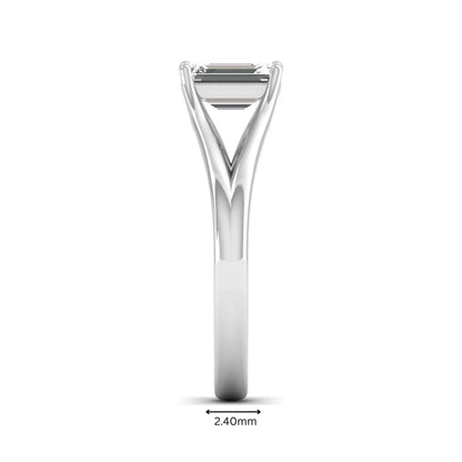 Emerald Cut Split Shank Solitaire Lab Grown Diamond Engagement Ring featuring a 1.75 carat IGI Certified emerald cut diamond in a four-prong setting with an elegant split shank band in white gold
