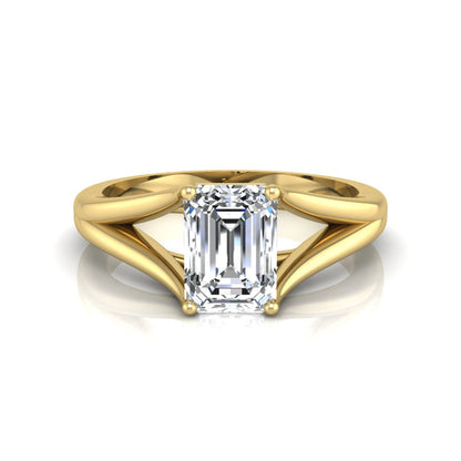 Emerald Cut Split Shank Solitaire Lab Grown Diamond Engagement Ring featuring a 1.75 carat IGI Certified emerald cut diamond in a four-prong setting with an elegant split shank band in yellow gold