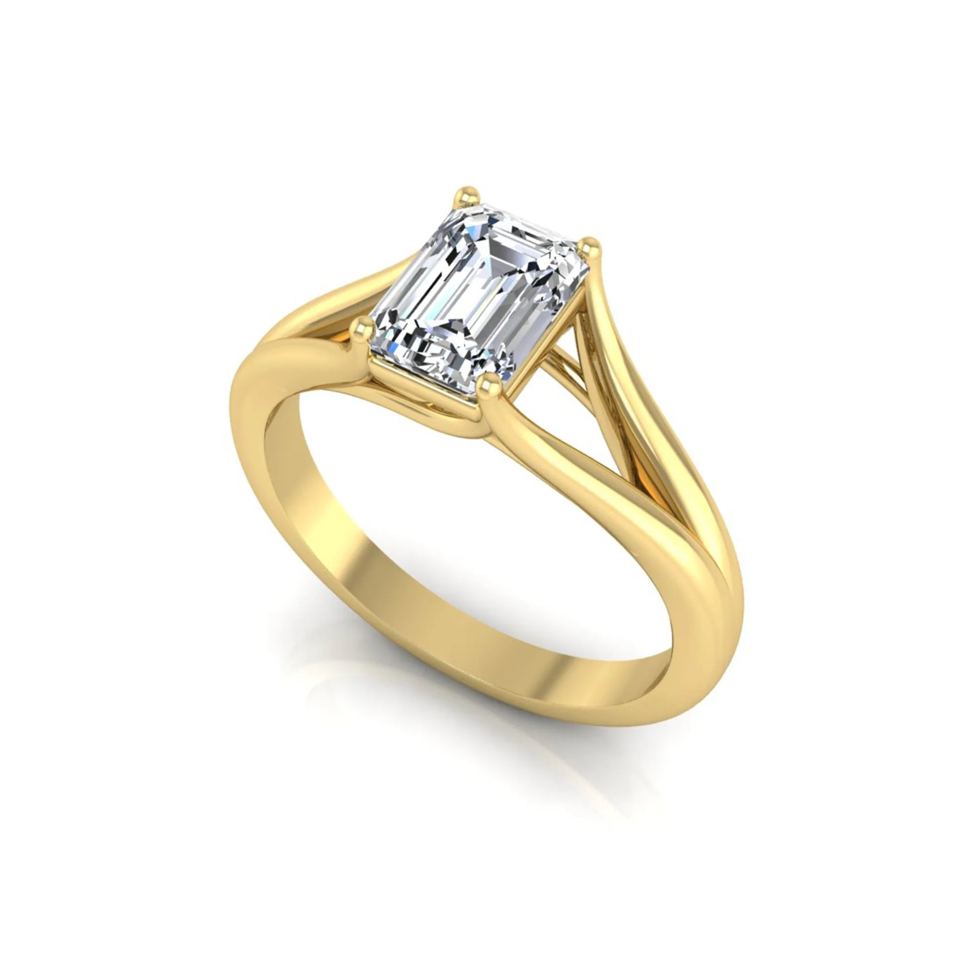 Emerald Cut Split Shank Solitaire Lab Grown Diamond Engagement Ring featuring a 1.75 carat IGI Certified emerald cut diamond in a four-prong setting with an elegant split shank band in yellow gold