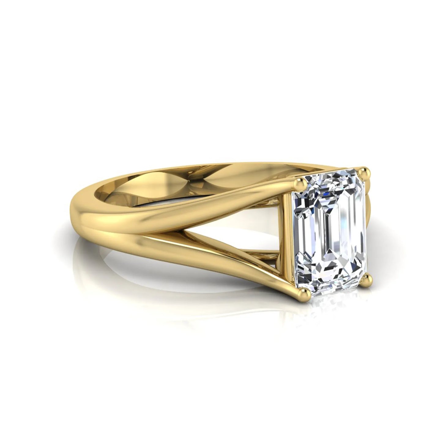 Emerald Cut Split Shank Solitaire Lab Grown Diamond Engagement Ring featuring a 1.75 carat IGI Certified emerald cut diamond in a four-prong setting with an elegant split shank band in yellow gold
