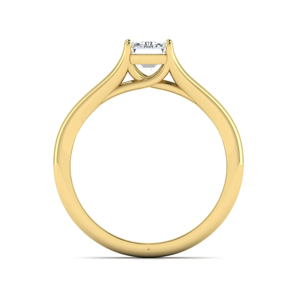 Emerald Cut Split Shank Solitaire Lab Grown Diamond Engagement Ring featuring a 1.75 carat IGI Certified emerald cut diamond in a four-prong setting with an elegant split shank band in yellow gold