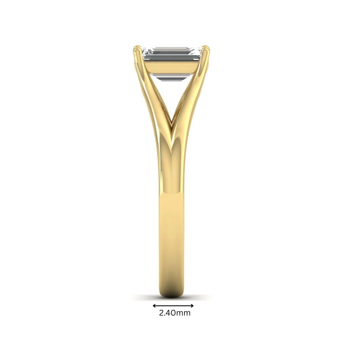 Emerald Cut Split Shank Solitaire Lab Grown Diamond Engagement Ring featuring a 1.75 carat IGI Certified emerald cut diamond in a four-prong setting with an elegant split shank band in yellow gold