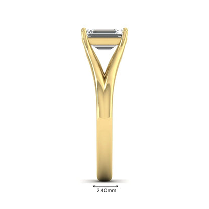 Emerald Cut Split Shank Solitaire Lab Grown Diamond Engagement Ring featuring a 1.75 carat IGI Certified emerald cut diamond in a four-prong setting with an elegant split shank band in yellow gold