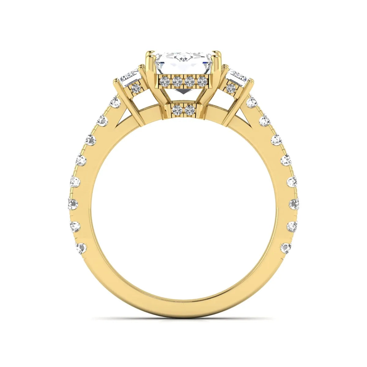 Emerald cut three stone lab grown diamond engagement ring in yellow gold featuring a 2.62 carat IGI certified center diamond with emerald cut side stones and pavé band.