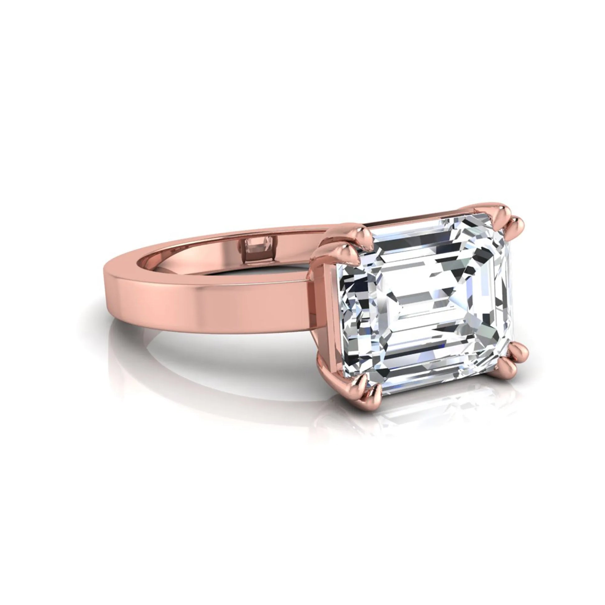 Emerald cut lab grown diamond solitaire engagement ring featuring a 3.79 carat IGI certified center diamond in a double claw prong setting with a rose gold band.