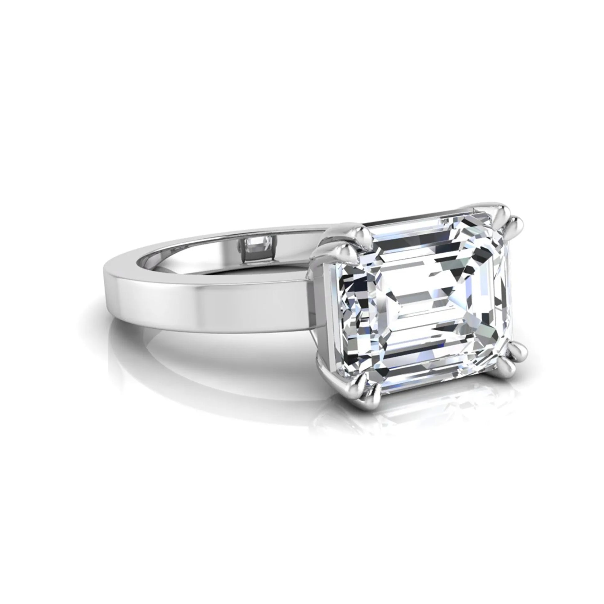 Emerald cut lab grown diamond solitaire engagement ring featuring a 3.79 carat IGI certified center diamond in a double claw prong setting with a white gold band.
