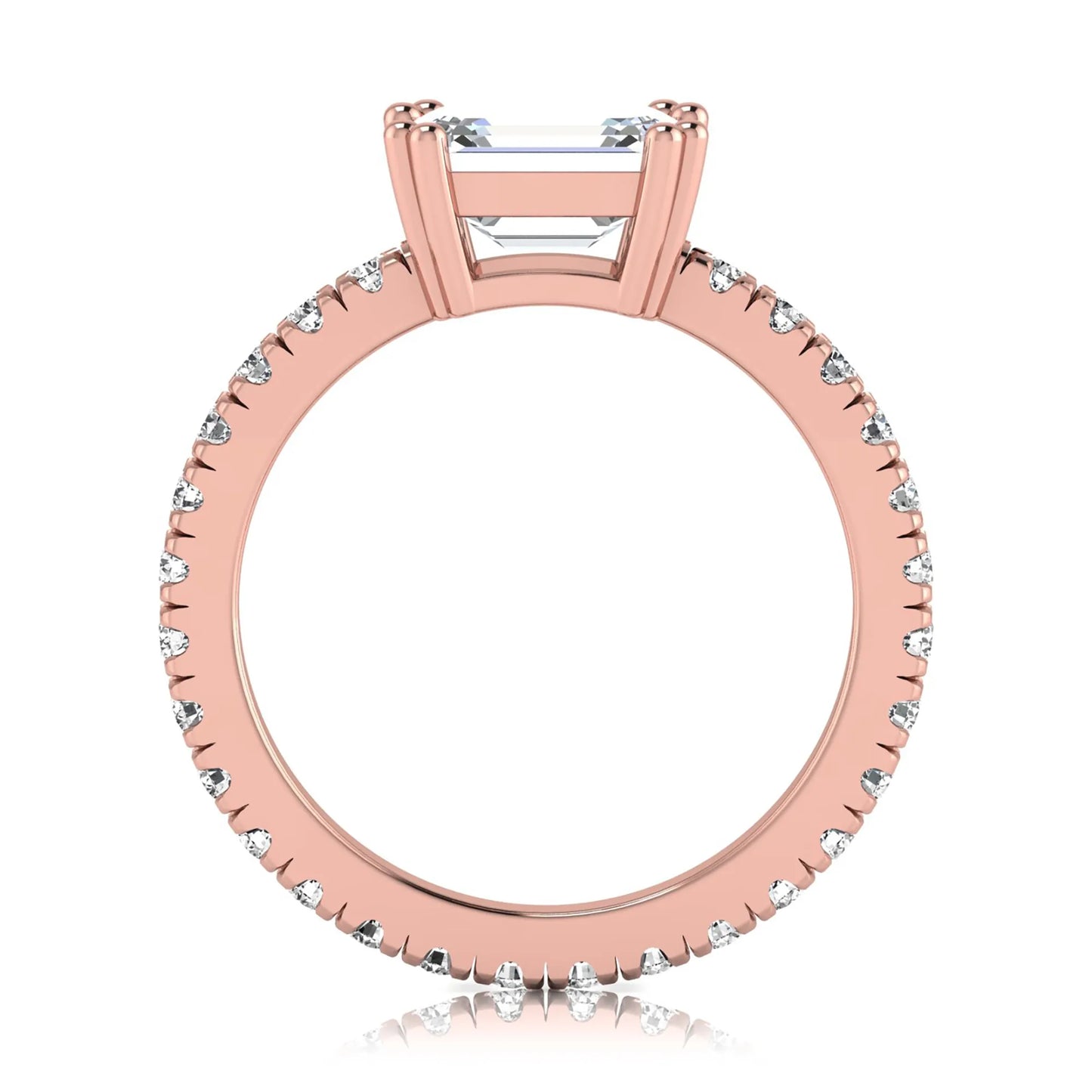 Emerald cut lab grown diamond side stone engagement ring featuring a four-prong setting with round accent diamonds in a rose gold tone design.