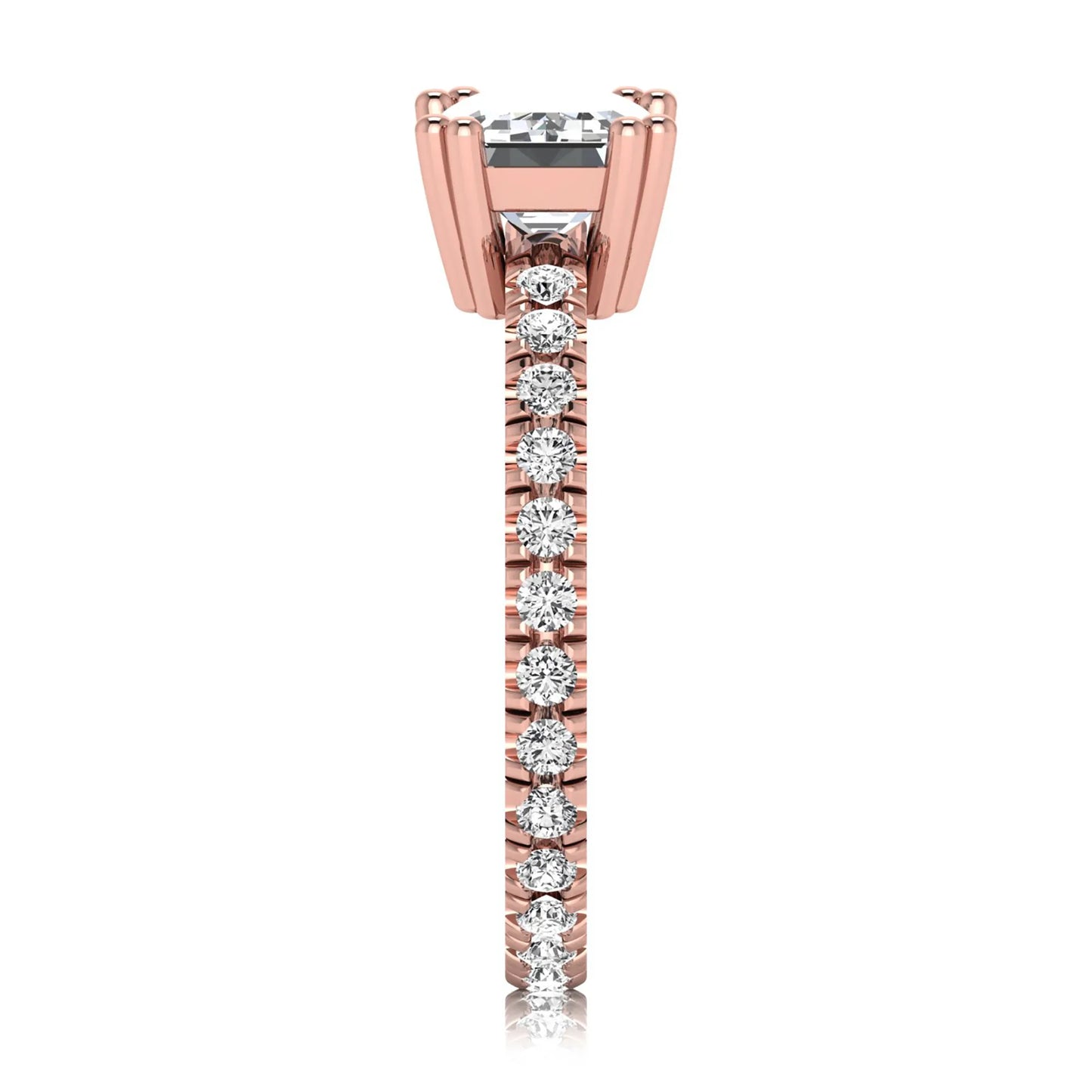 Emerald cut lab grown diamond side stone engagement ring featuring a four-prong setting with round accent diamonds in a rose gold tone design.
