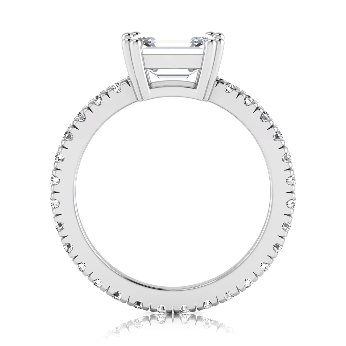Emerald cut lab grown diamond side stone engagement ring featuring a four-prong setting with round accent diamonds in a white gold tone design.