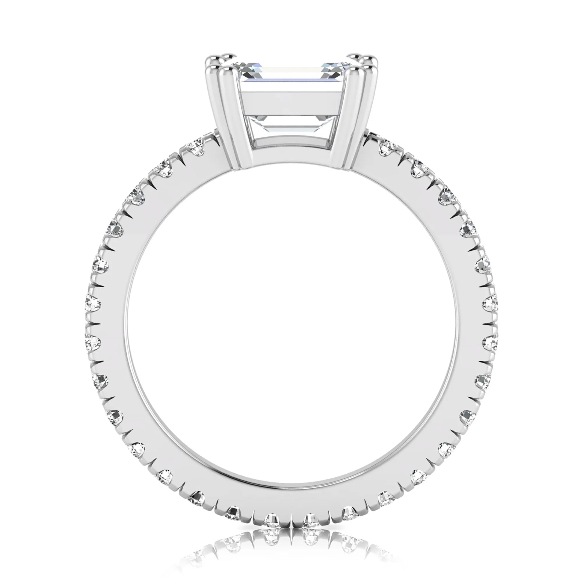 Emerald cut lab grown diamond side stone engagement ring featuring a four-prong setting with round accent diamonds in a white gold tone design.