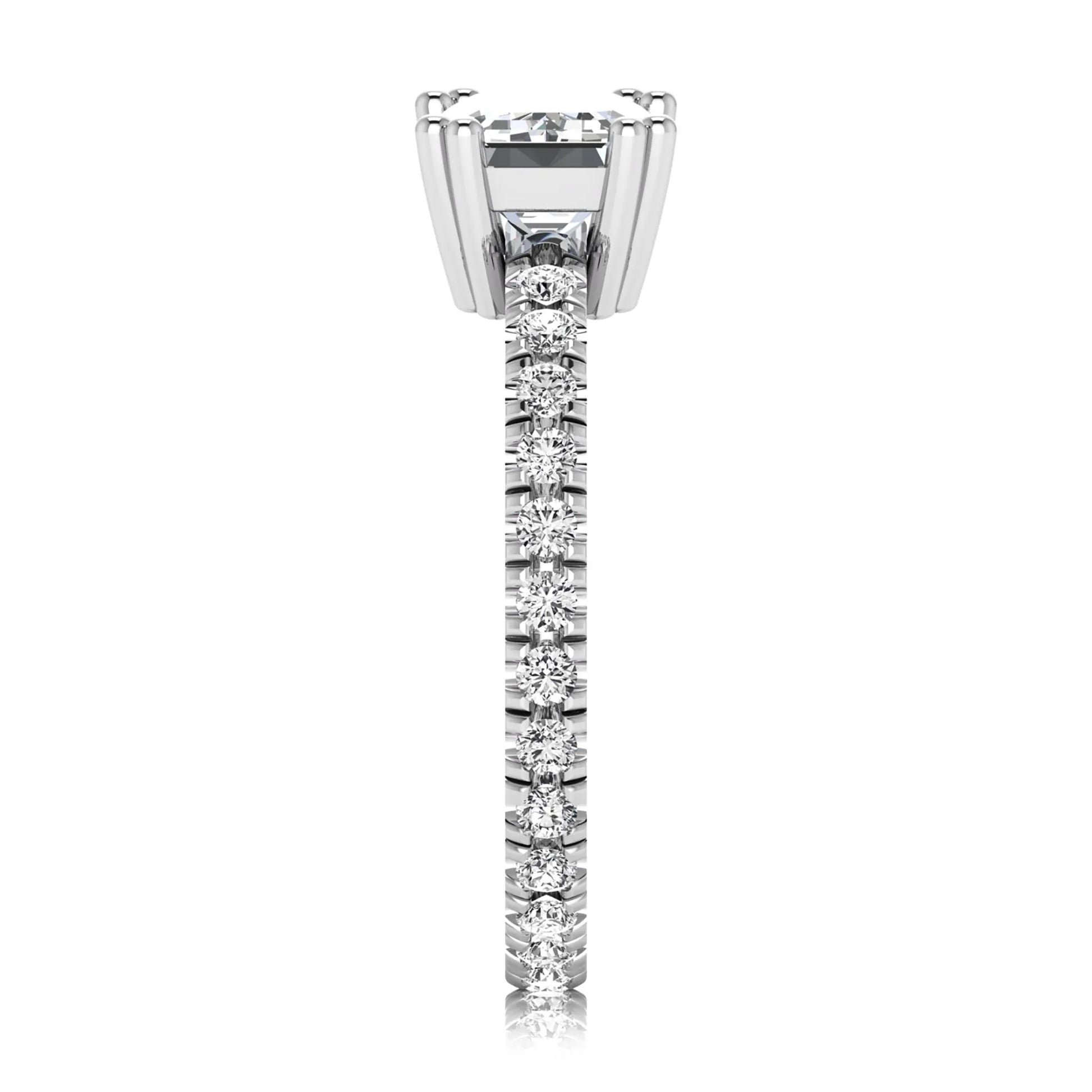 Emerald cut lab grown diamond side stone engagement ring featuring a four-prong setting with round accent diamonds in a white gold tone design.