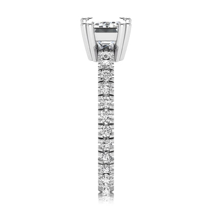 Emerald cut lab grown diamond side stone engagement ring featuring a four-prong setting with round accent diamonds in a white gold tone design.
