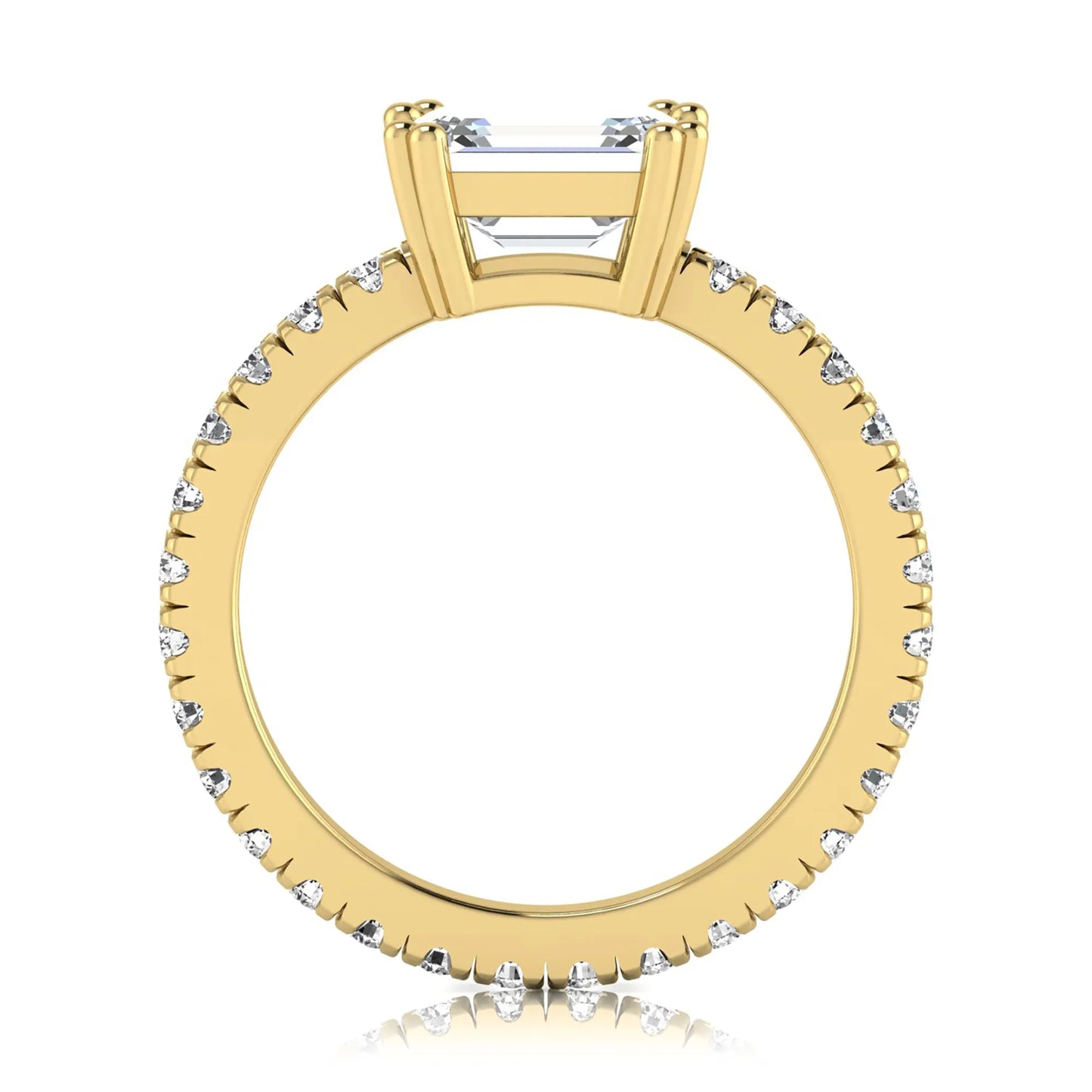 Emerald cut lab grown diamond side stone engagement ring featuring a four-prong setting with round accent diamonds in a yellow gold tone design.