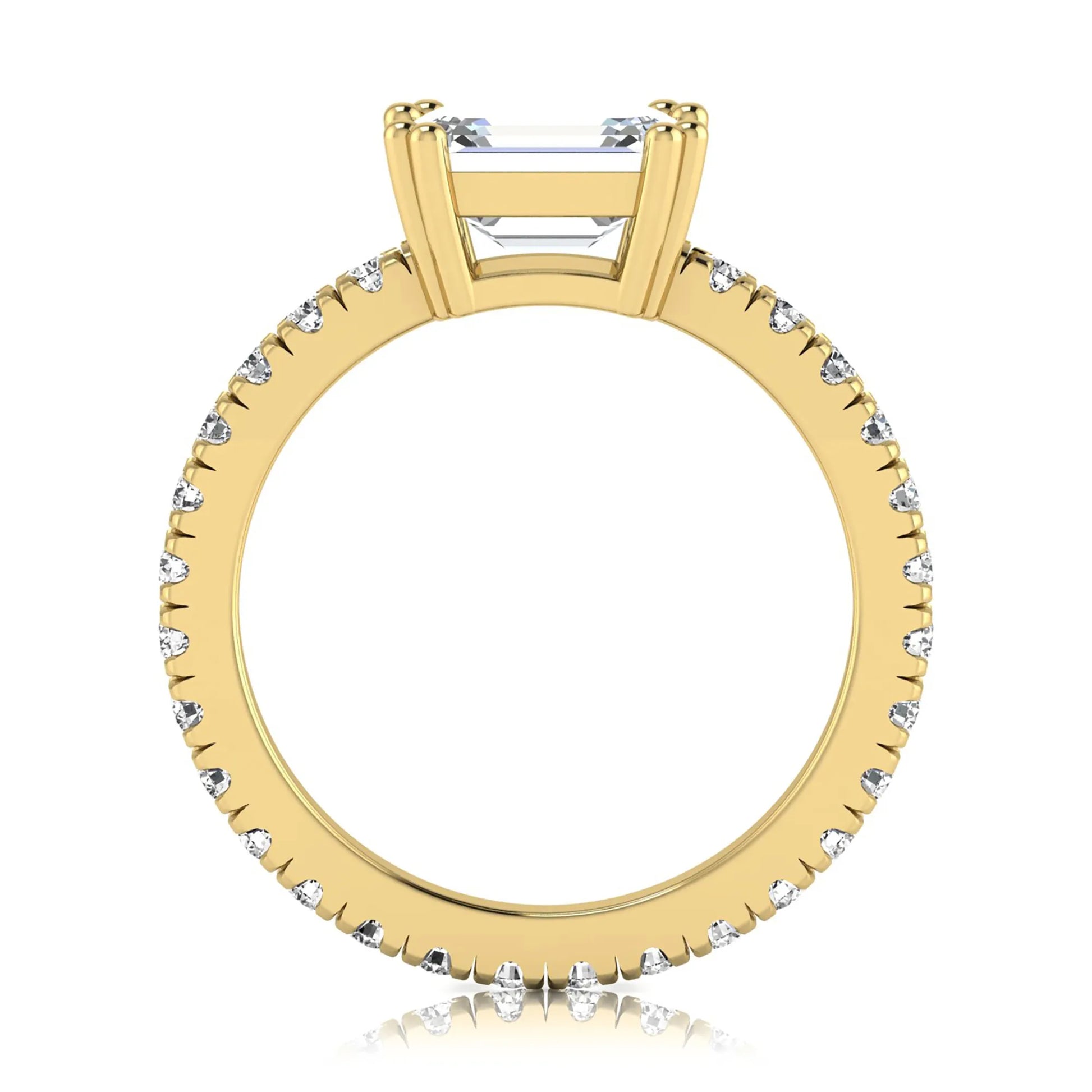 Emerald cut lab grown diamond side stone engagement ring featuring a four-prong setting with round accent diamonds in a yellow gold tone design.