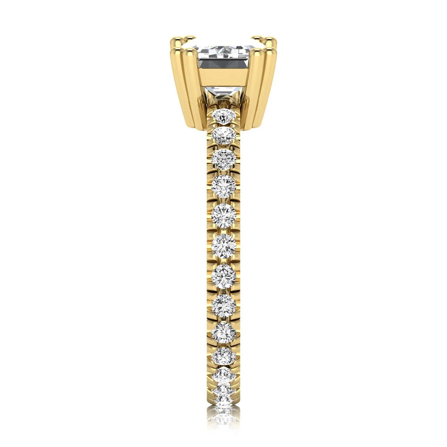 Emerald cut lab grown diamond side stone engagement ring featuring a four-prong setting with round accent diamonds in a yellow gold tone design.