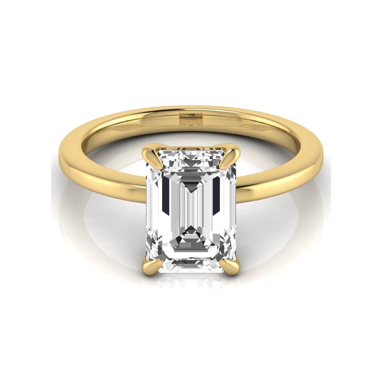Emerald cut lab grown diamond solitaire engagement ring with a four prong setting in a yellow gold tone, featuring an IGI certified 3.01 carat center diamond.