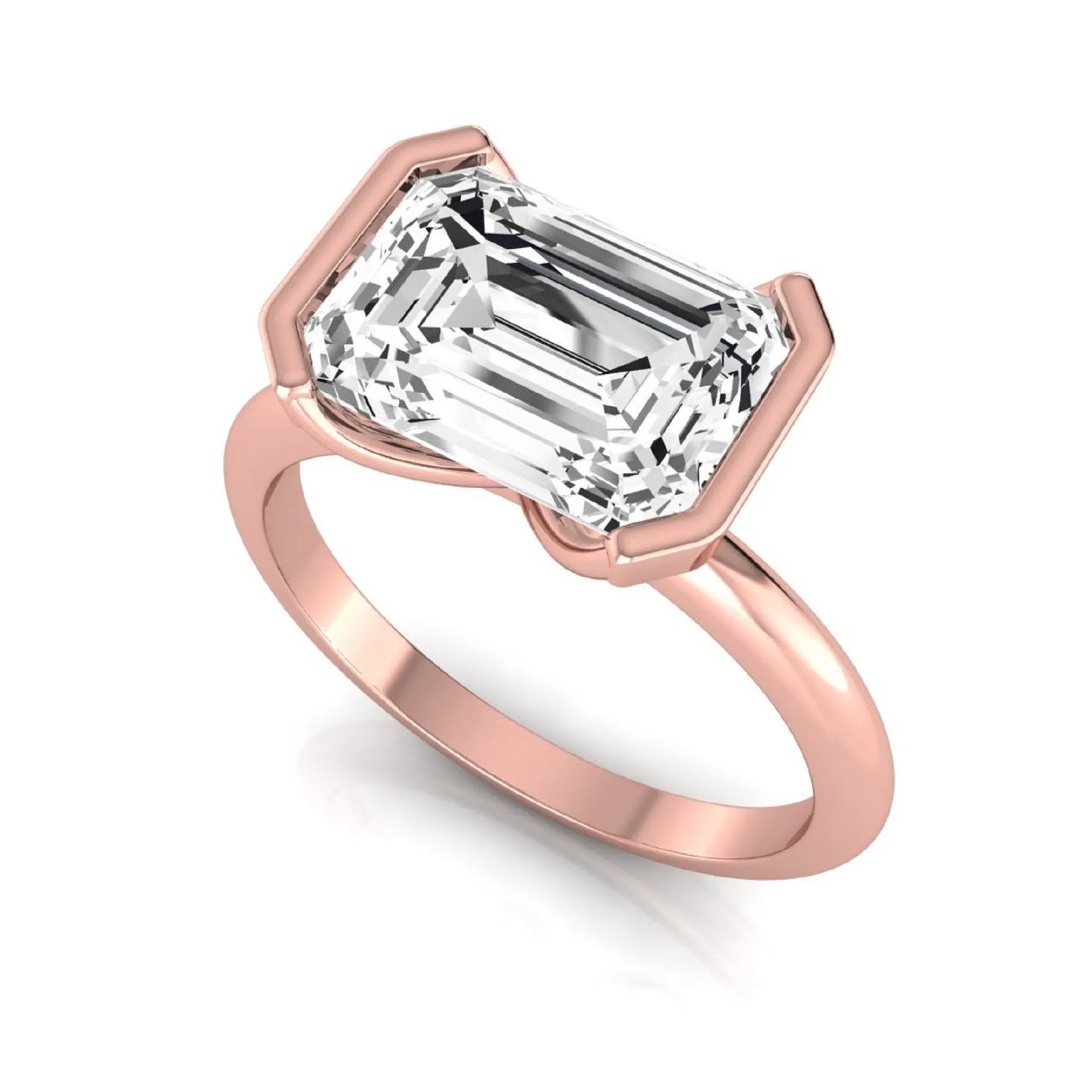 Emerald cut lab grown diamond engagement ring featuring a 5.00 carat center diamond in a modern half bezel solitaire setting with a polished rose gold tone band.