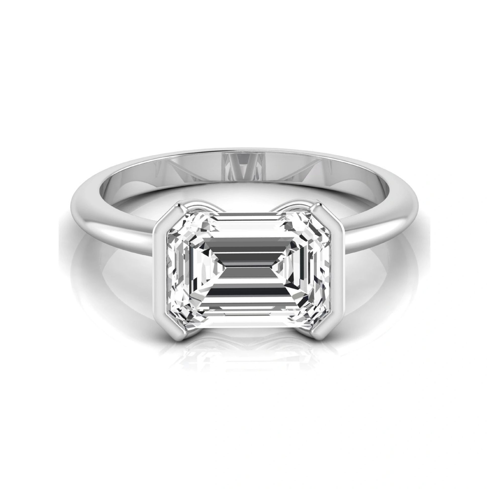 Emerald cut lab grown diamond engagement ring featuring a 5.00 carat center diamond in a modern half bezel solitaire setting with a polished white gold tone band.
