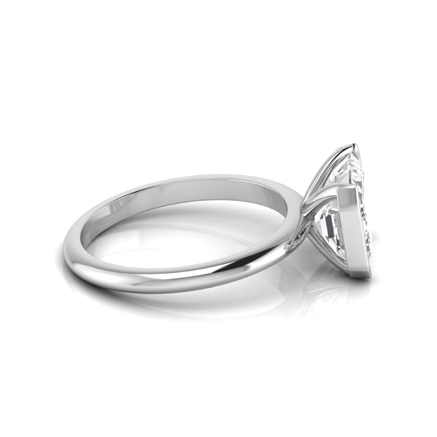 Emerald cut lab grown diamond engagement ring featuring a 5.00 carat center diamond in a modern half bezel solitaire setting with a polished white gold tone band.